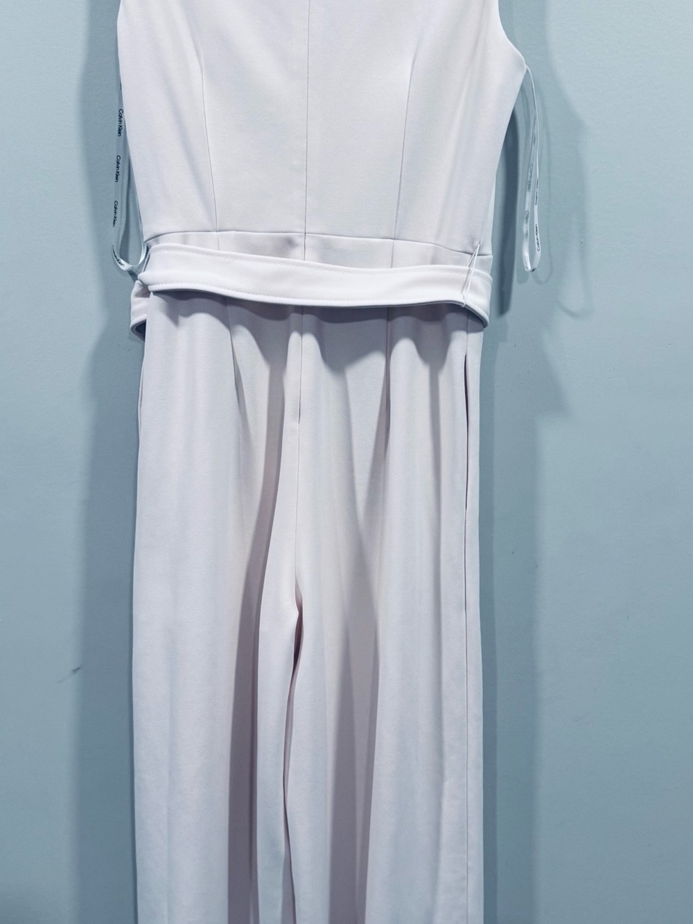 Calvin Klein Size 6 Ivory Cream Wide Leg Belted Jumpsuit Sleeveless V-Neck Basic - Picture 6 of 11